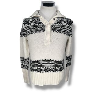 J. Crew Sweater Womens Medium Ivory Black Fair Isle Knit Mohair Wool Acrylic